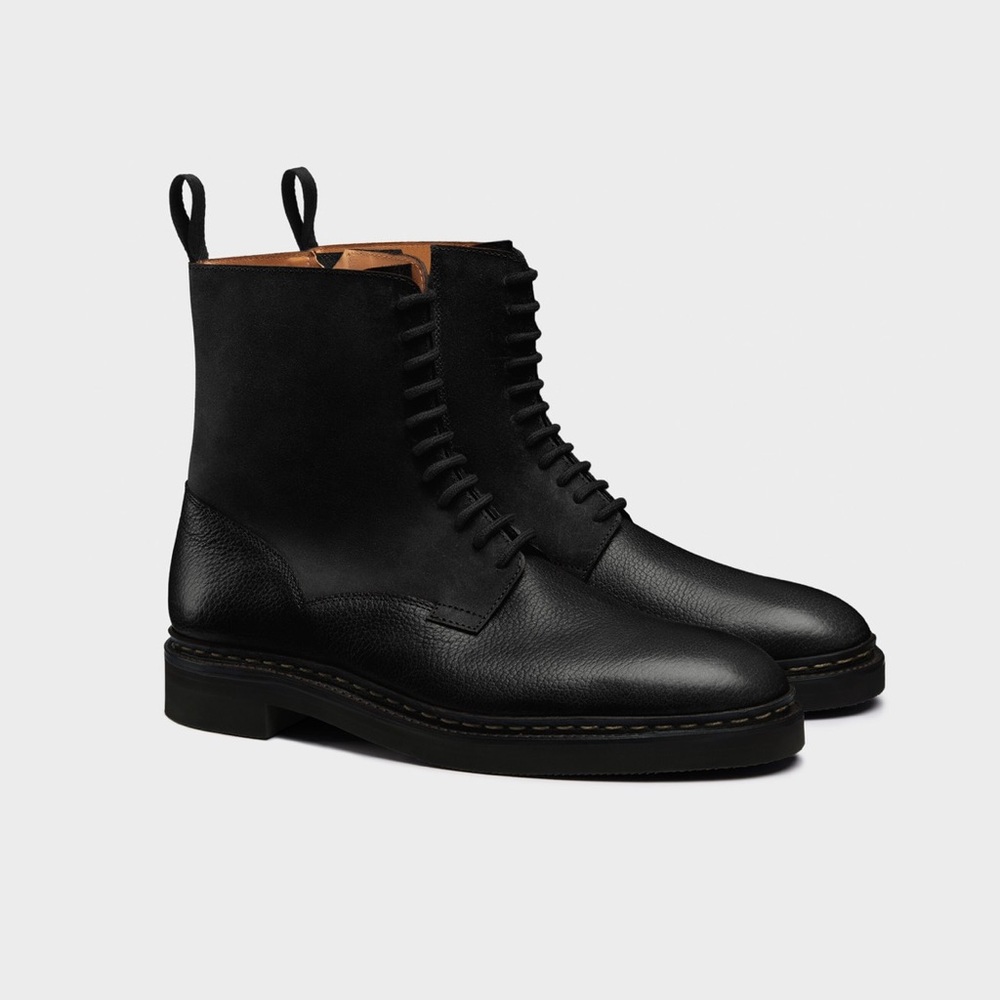 John Lobb Men’s Perth Leather Lace-Up Boots in Black Ox Grain/Waxed Suede (BNIB)